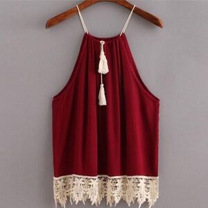 Red Camisole with Cream Lace and Tassels